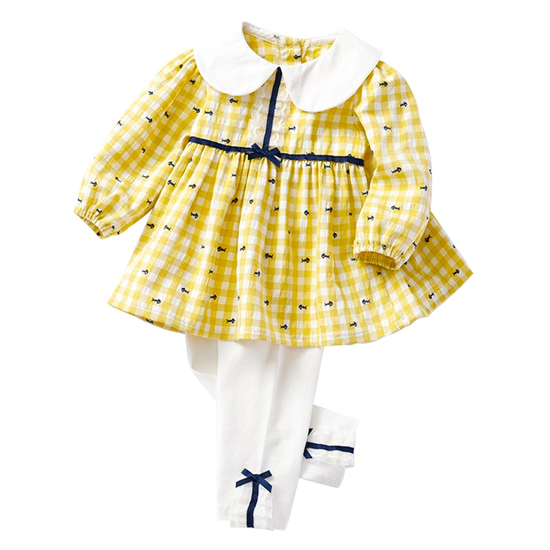 罗町 童装2021秋季新款女童套装韩版格子长袖上衣打底长裤儿童外出服装