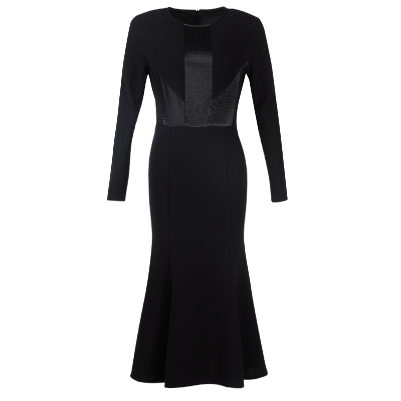 晚白 2020春季新品圆领纯色收腰显瘦中长款包臀鱼尾裙长袖连衣裙女