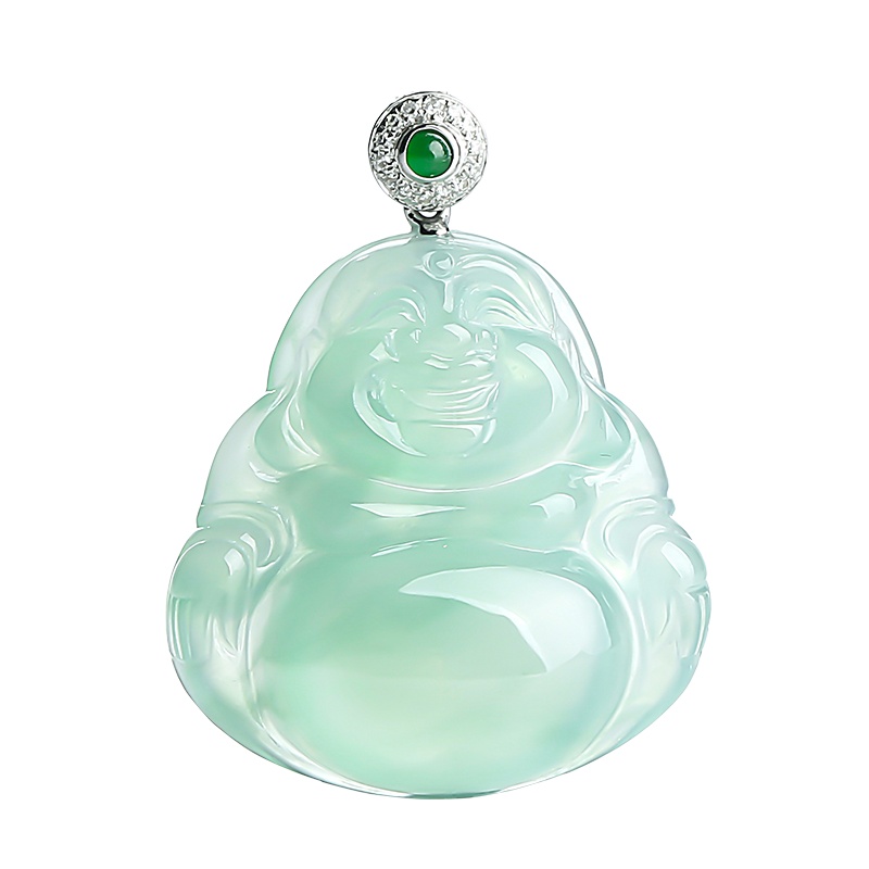 印象眸 18K金镶翡翠佛公吊坠 金镶弥勒笑佛女款玉石吊坠 附证书
