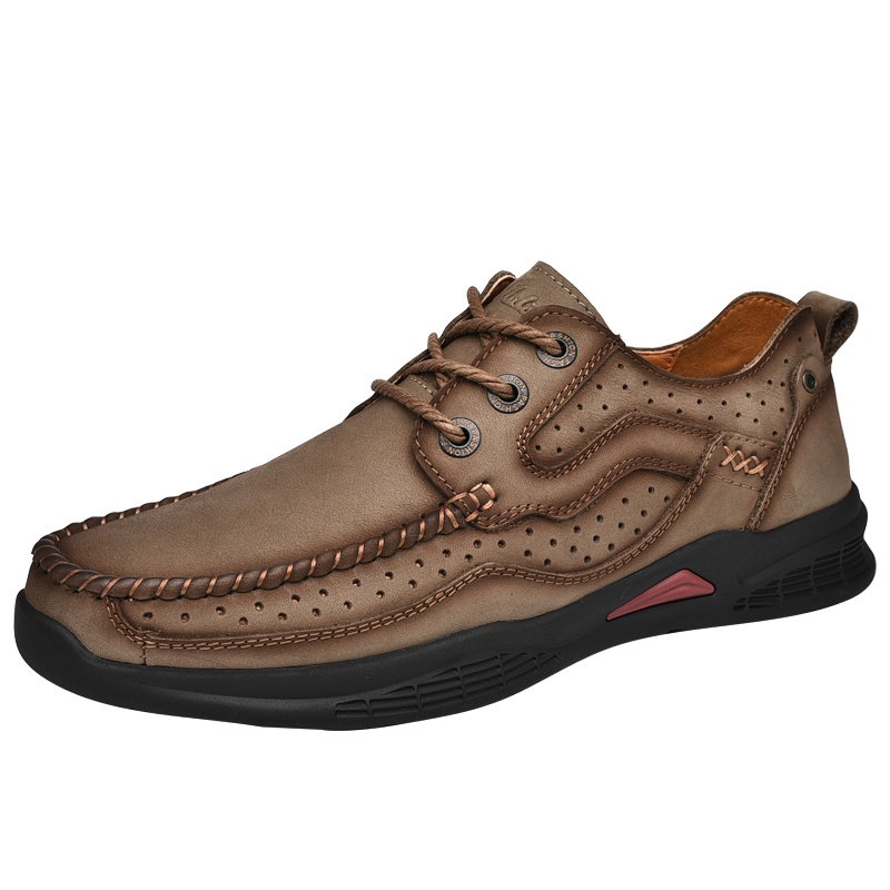 YIBULUOTUO皮鞋男秋季新款透气手工缝制真皮镂空洞洞男士商务休闲鞋中老年爸爸鞋