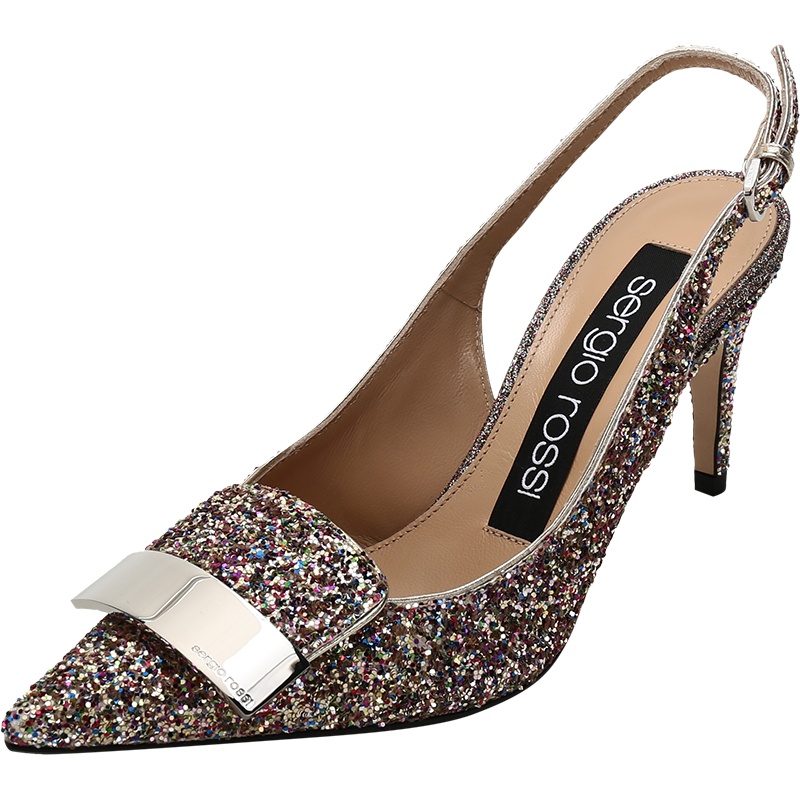Sergio Rossi 塞乔罗西 女士SR1系列闪光面料尖头高跟凉鞋 A91640 MTE303