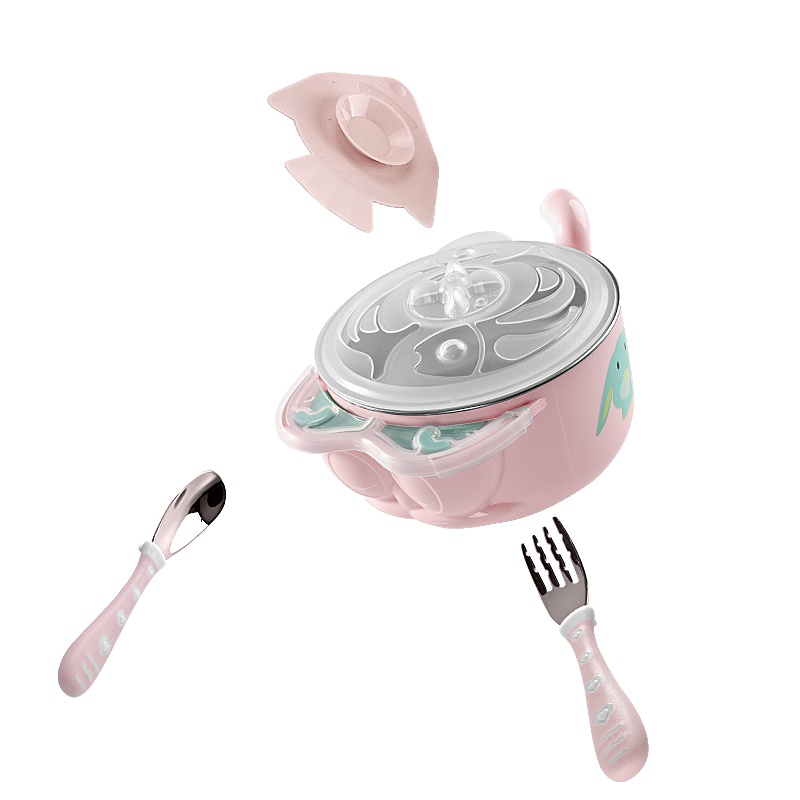 babycare儿童餐具 宝宝餐具 注水保温碗套装 宝宝训练套装餐具不锈钢便携 草莓款 薄荷绿 3880
