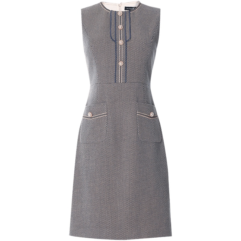 欧昵雪秋冬圆领无袖口袋毛呢连衣裙女修身高腰马甲背心裙