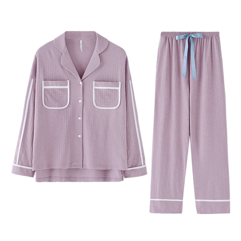 安之伴棉质情侣睡衣女春简约抽条宽松大码长袖裤男两件家居服套装
