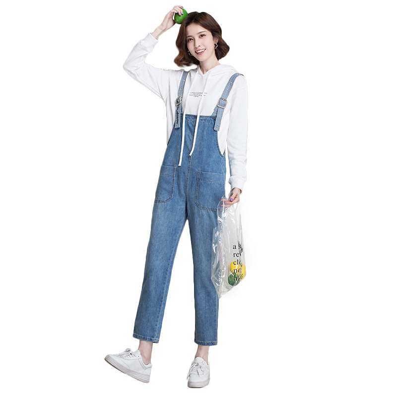 丝柏舍2019秋装女时尚刺绣口袋修身牛仔休闲背带裤S93D0006K