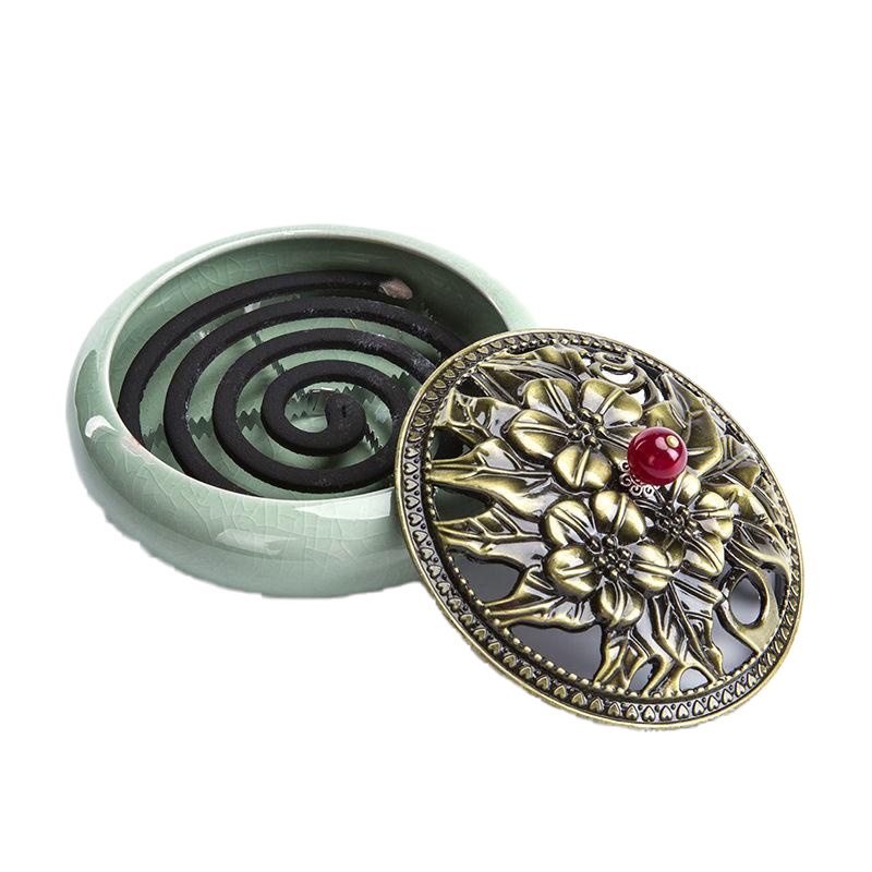 香炉熏香家用室内盘香塔香沉香檀香炉大号蚊香炉陶瓷供佛香薰炉 小号蜻蜓戏荷香炉+防火棉+香插