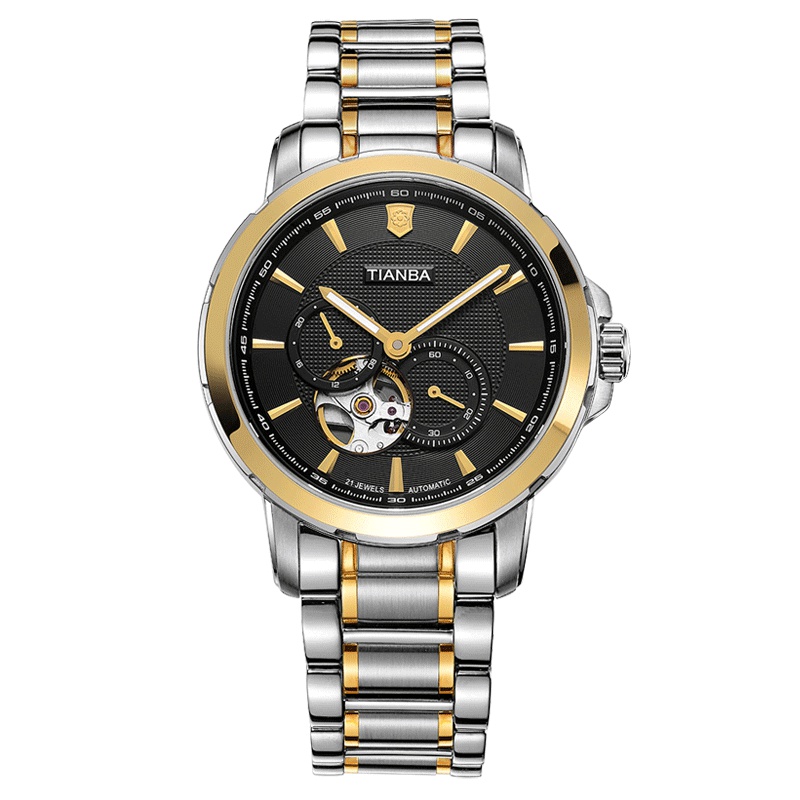 天霸(TIANBA)商务时尚男士手表 金属钢带镂空全自动机械表 专柜同款机械表 男 TM6006.01ST 黑盘