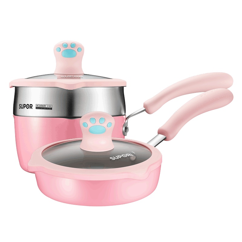 苏泊尔(SUPOR)宝宝辅食套装锅婴儿奶锅小锅16cm平底汤锅不粘锅煮泡面热牛奶锅套锅 TP1931Q-R 送硅胶汤勺