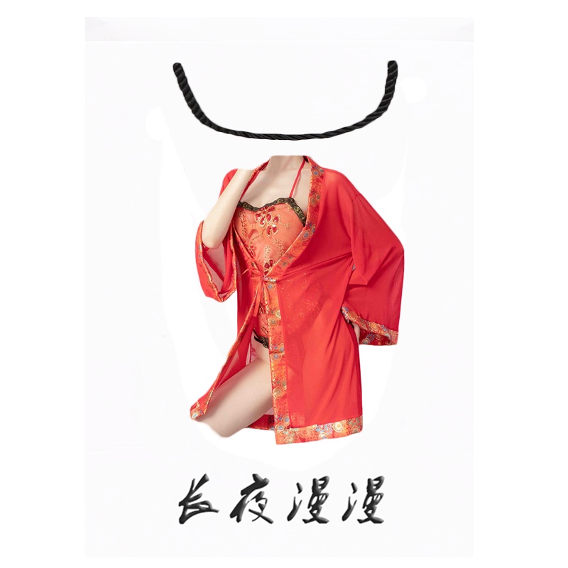 女式情趣睡衣新娘蕾丝透视诱惑女士性感吊带古典肚兜V领睡袍丁字内裤三点式情趣内衣套装全透明开档破洞露乳免脱长夜漫漫成人用品