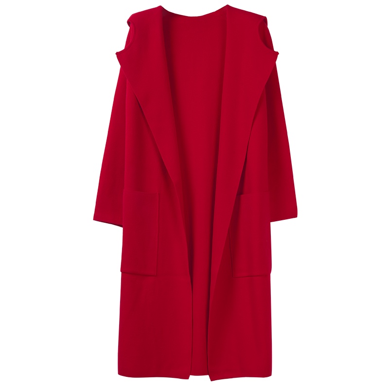 晚白2021冬季新品通勤简约纯色连帽领长袖休闲毛衫大衣开衫外套女