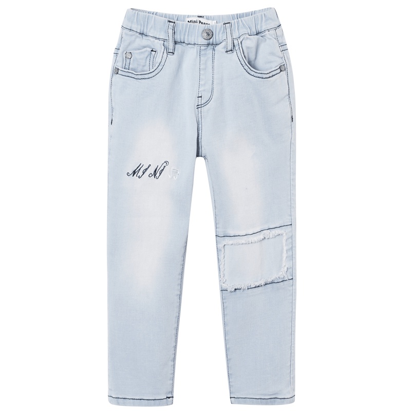 minipeace女童针织牛仔裤浅色口袋毛边儿童长裤春装夏季清爽