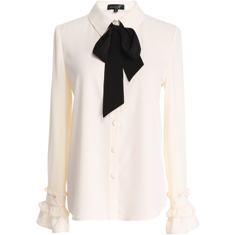 欧昵雪蝴蝶结系带衬衣女荷叶边喇叭袖衬衫长袖上衣