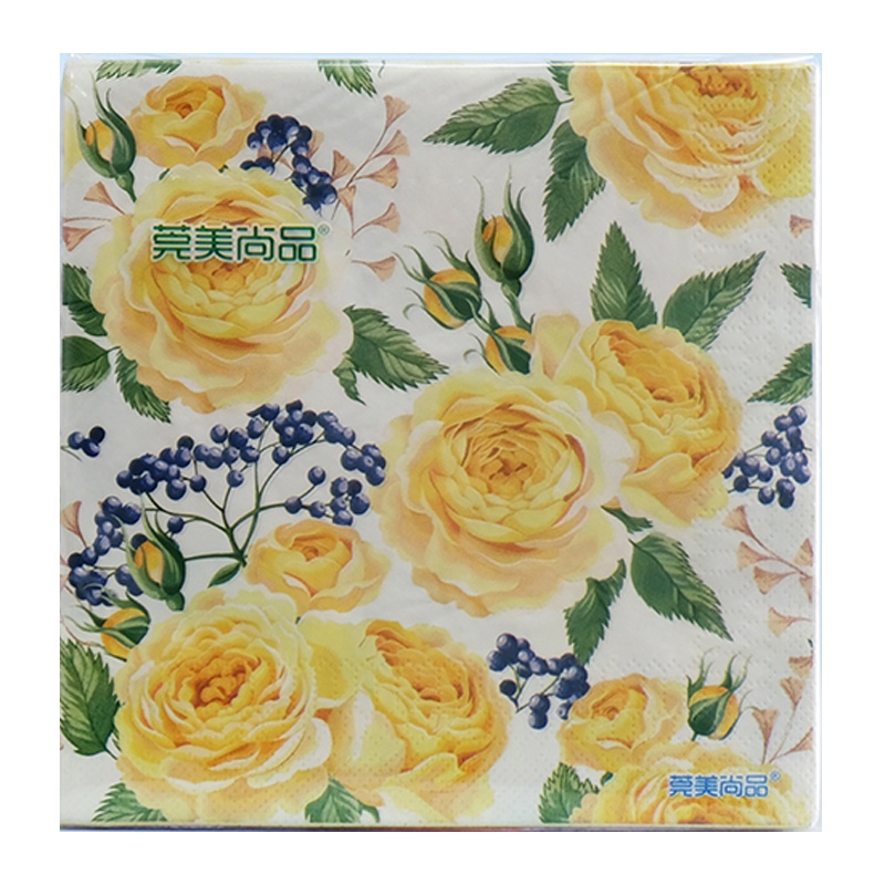 莞美尚品花开富贵黄玫瑰彩色餐巾纸原生木浆纸巾三层加厚家庭装10包