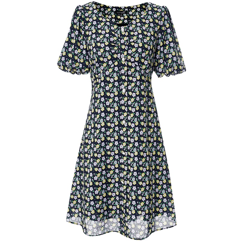 欧昵雪灯笼袖碎花裙淑女气质桃心领收腰显瘦A字连衣裙女