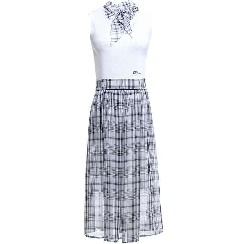 欧昵雪 休闲时尚套女夏蝴蝶结系带无袖针织衫格子半身裙两件套X