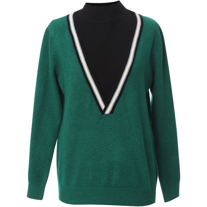 OUNIXUE欧昵雪 | [休闲风假两件针织衫]秋冬季半高领套头长袖撞色显瘦毛衣女