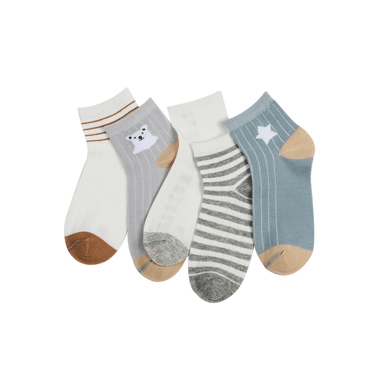 红豆男童袜子春秋新款儿童棉袜中大童短袜宝宝中筒袜童袜5双装H0W715