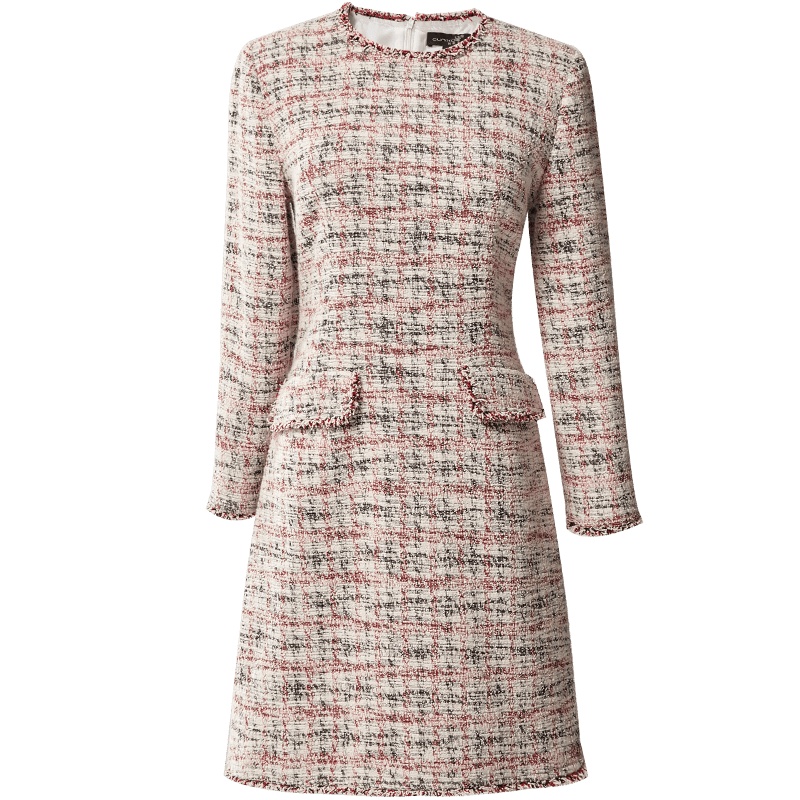 欧昵雪秋冬气质圆领毛边修身九分袖编织收腰连衣裙女中裙