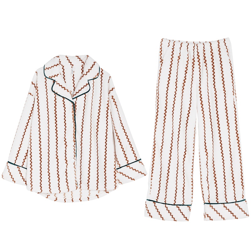 双面珊瑚绒印锯齿条国民领长袖女套装