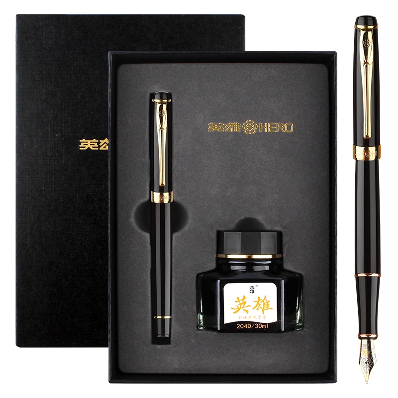 英雄（HERO）钢笔商务办公礼品套装铱金钢笔 简约黑金配日常书写明尖墨水笔1771