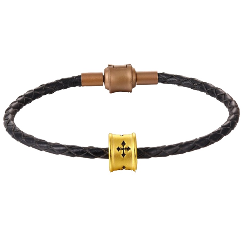 佐喜佑福 3D硬足金信念守护吊坠手串隔珠情侣款皮绳手链小号金重约0.81-0.9g ZXNLYFB106f