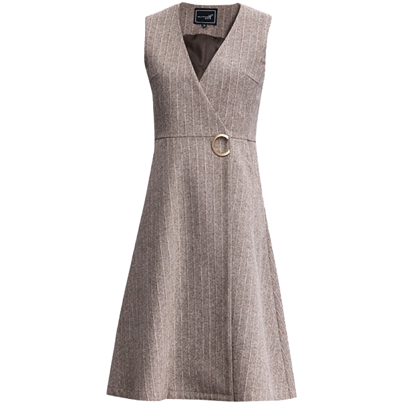 欧昵雪冬装不规则V领高腰法式茶歇裙打底裙无袖毛呢连衣裙女