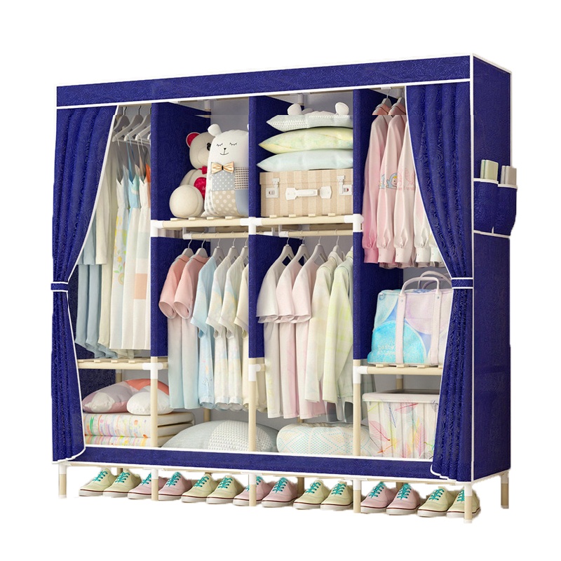 家时光 简易布衣柜加粗实心木棍非金属储物柜防水加厚牛津布双人组合衣橱