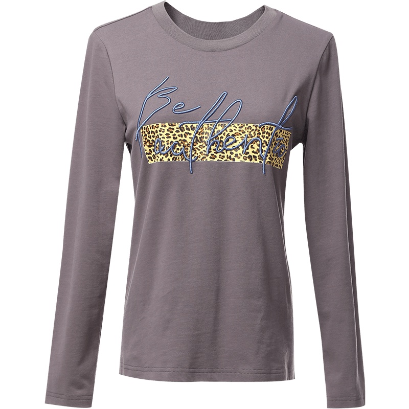 欧昵雪秋装圆领套头字母绣花长袖纯棉T恤女豹纹印花上衣