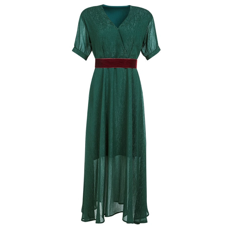 晩白 新品时尚通勤纯色V领收腰显瘦A字大摆短袖连衣裙