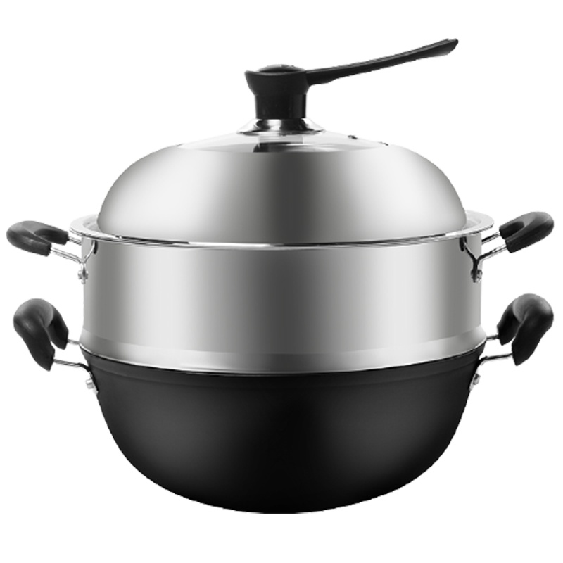 加厚老式铸铁锅大号炒锅电磁炉专用双耳铁锅大锅平底锅炒菜锅家用_32cm带盖竹底蒸笼