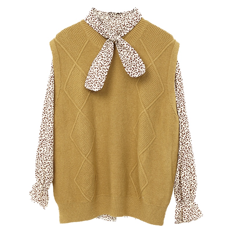 ENJOY'ME女装2020春季新品复古小清新系结花色上衣菱形花纹背心两件套