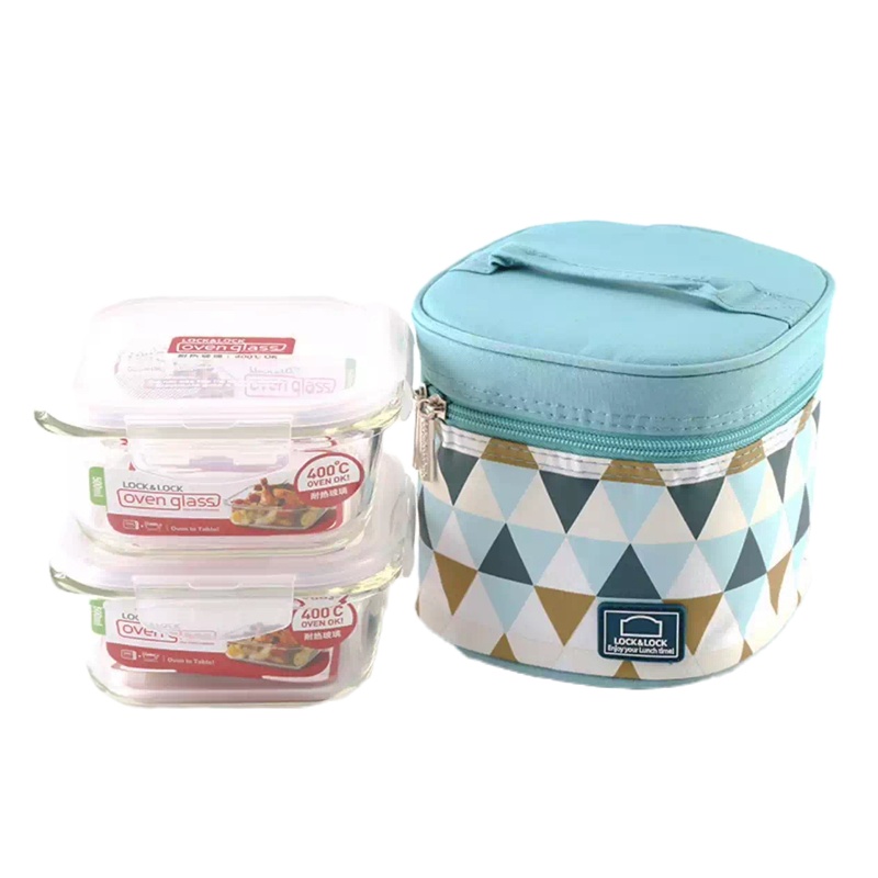 乐扣乐扣(LOCK&LOCK)玻璃保鲜饭盒500ML*2餐包 LLG214S904B(蓝色餐包)