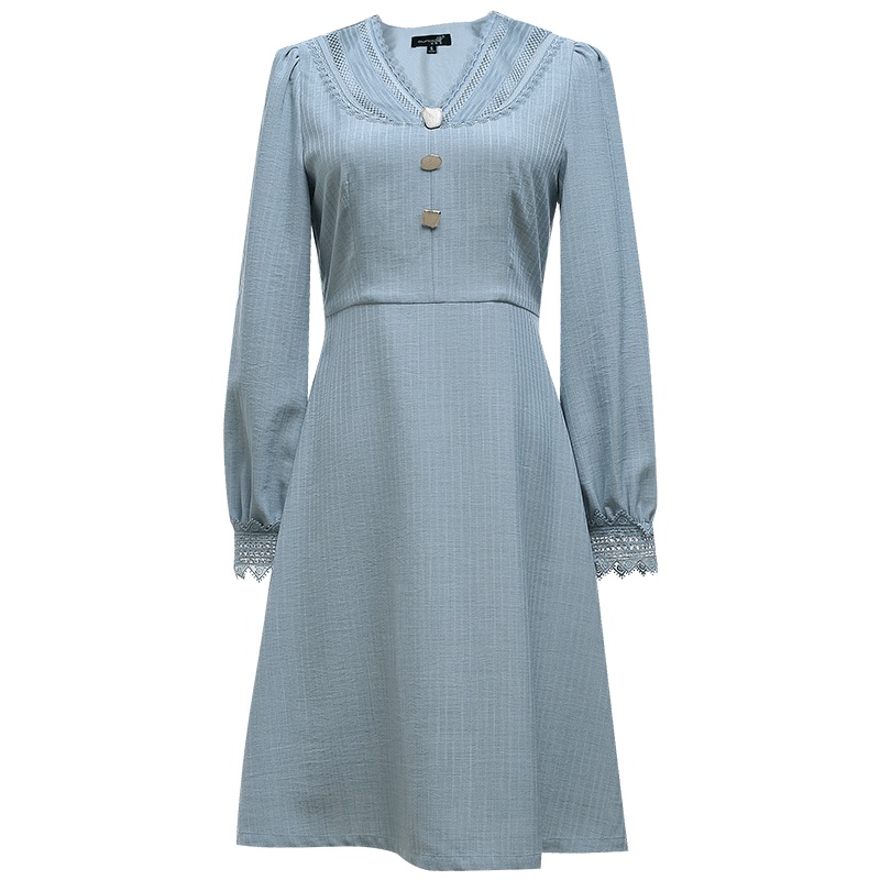 欧昵雪气质蕾丝V领显瘦收腰连衣裙女花边长袖中裙子