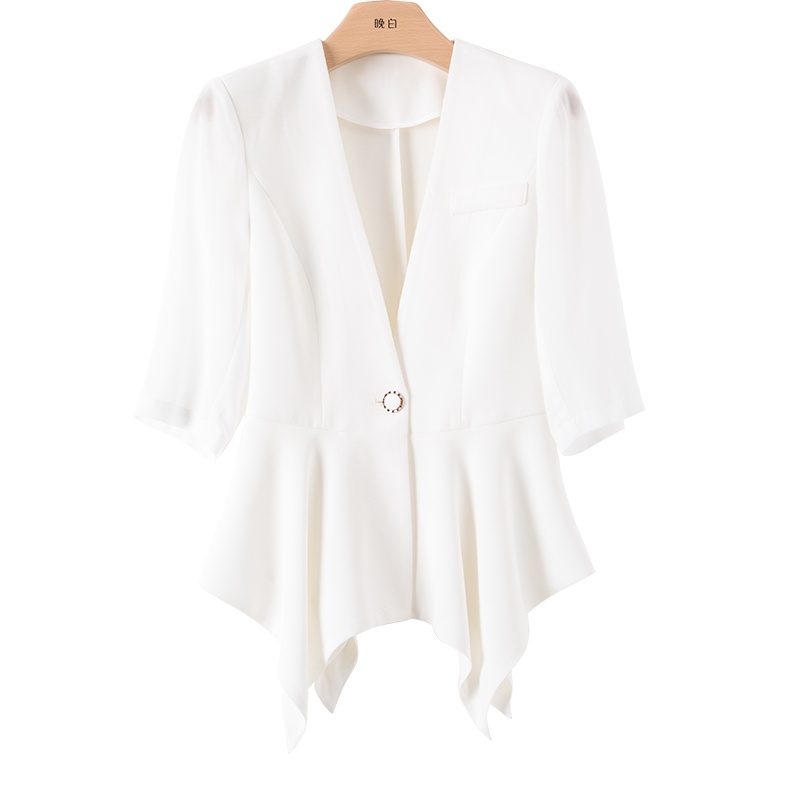 晚白 2020夏新品时尚百搭简约纯色V领一粒扣休闲西装外套女