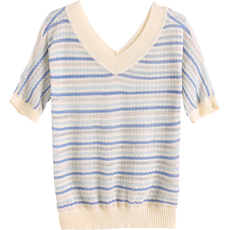 OSA欧莎2019新款夏条纹v领针织衫女薄款锁骨上衣心机宽松显瘦露背