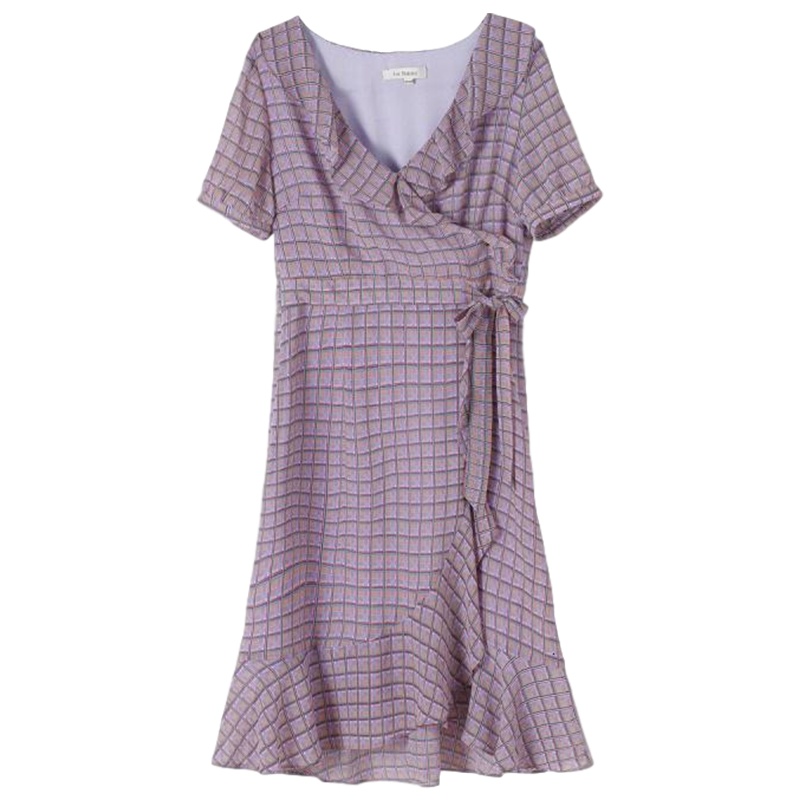 LaBabite夏季复古V领短袖荷叶边高腰中长款格纹鱼尾连衣裙_572 S 浅紫