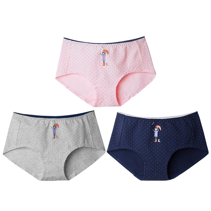 爱帝女式内裤卡通波点纯棉底档少女风精梳棉透气亲肤三角裤三条组合装