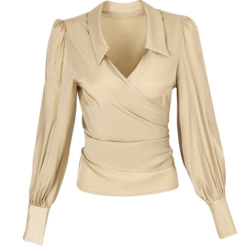 晚白2021秋季新品通勤修身纯色V领灯笼长袖百搭休闲衬衫衬衣女