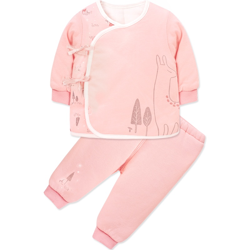 婴姿坊冬季新生宝宝夹棉加厚两件套男童女童绑带螺纹袖口收脚裤套装 2色 52-66cm 0-6个月