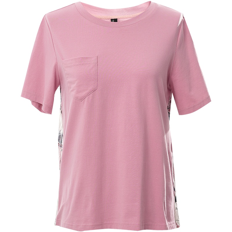 欧昵雪夏季设计感圆领拼接后背雪纺印花T恤女短袖上衣