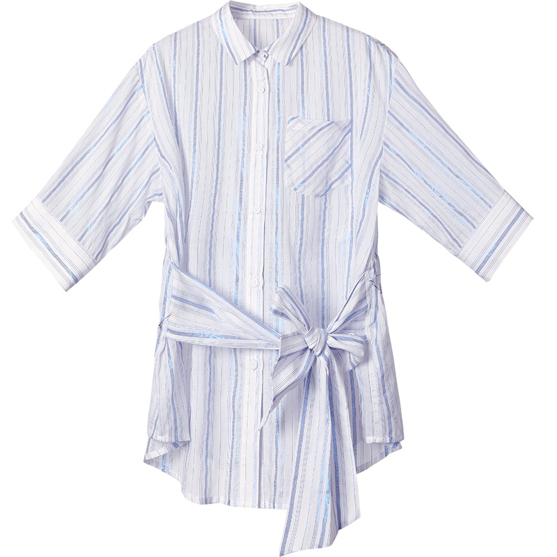 OSA欧莎2019夏装新款女装 时尚翻领系带收腰撞色亮丝条纹衬衫