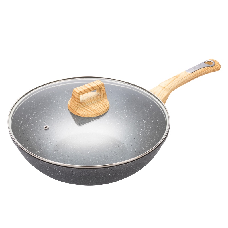 AMERCOOK 欧式麦饭石炒锅不粘锅28cm 家用合金炒菜锅平底锅不粘锅带可视锅盖 多功能加厚复底燃气灶电磁炉通用