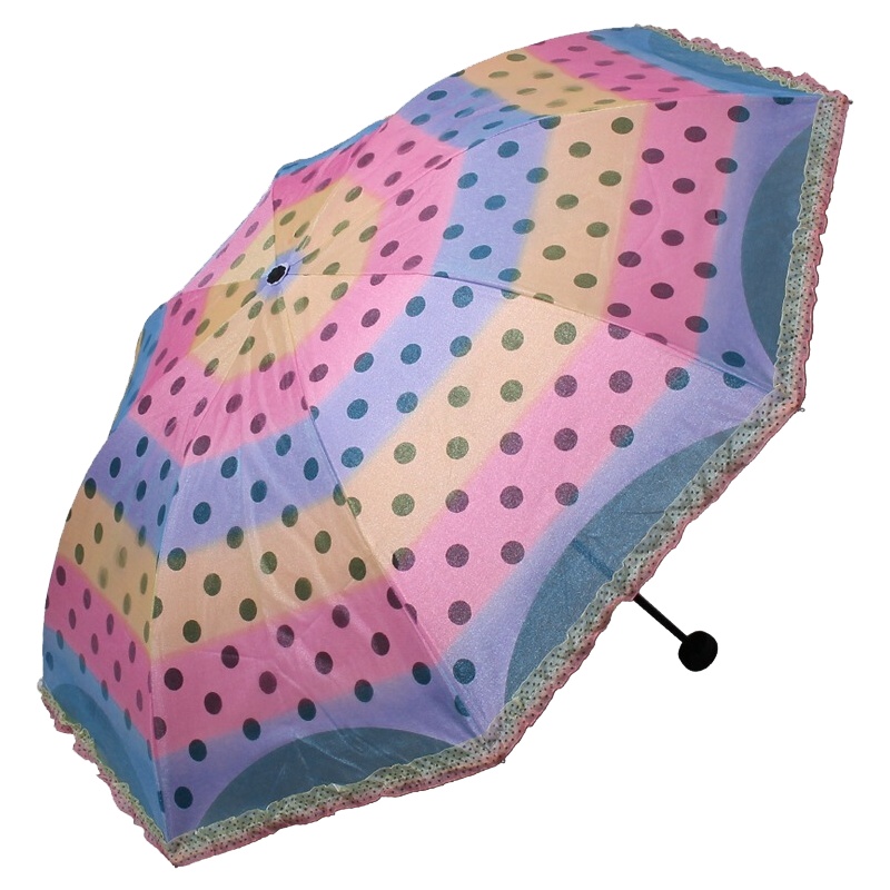 天堂伞 七彩霓虹彩虹纱拼裙边黑胶双层三折晴雨伞太阳伞 紫黄蓝 33074E
