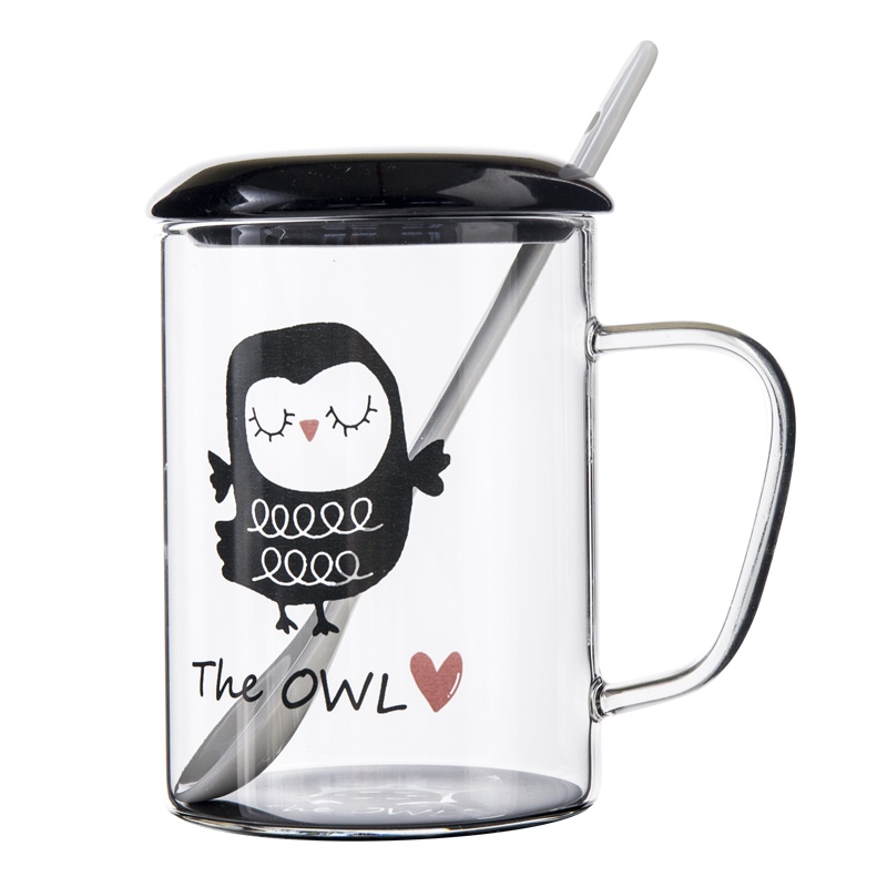 瓷魂 创意时尚可爱玻璃大容量果汁杯子家用耐热茶水杯牛奶早餐杯带盖带勺 shy 猫头鹰