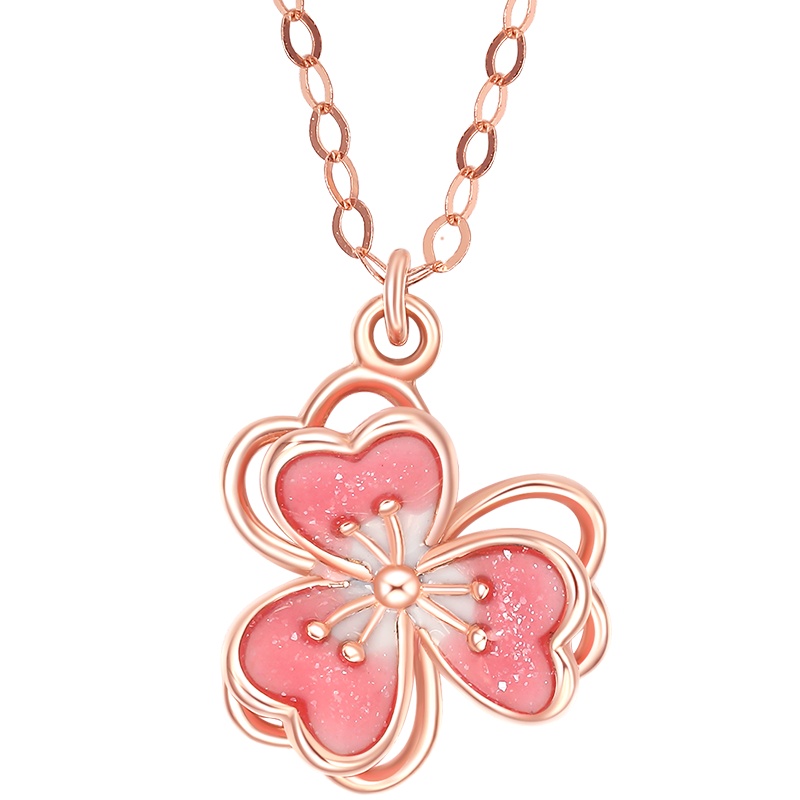 周大生18K金项链女珐琅桃花套链双层渐变花朵吊坠镂空甜美锁骨链