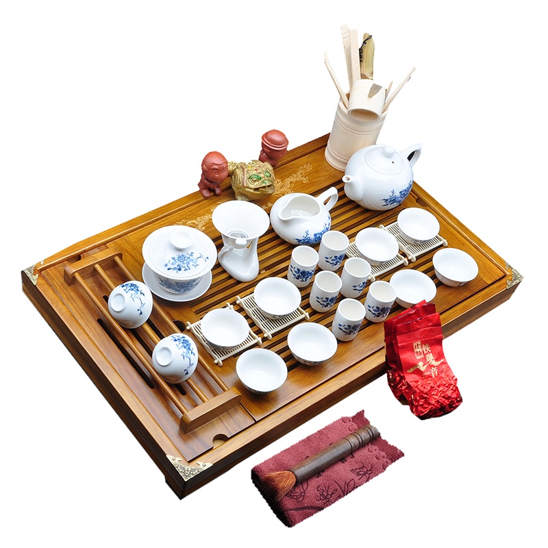 唐宏坊 双龙戏珠茶具套装 整套茶具 实木茶盘 茶具 牡丹 整套功夫茶具套装