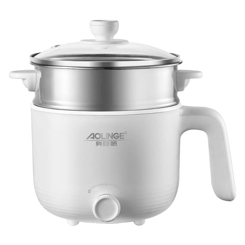奥林格ZG-306 学生宿舍电 煮锅家用煮面小电锅1-2人小功率寝室电火锅煎炒一体锅1.2L小锅粉 白色麦饭石(带蒸笼)