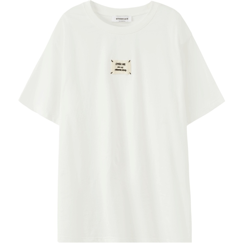 OtherMix白色贴布T恤2021年夏季新款欧美简约风中长款短袖女上衣