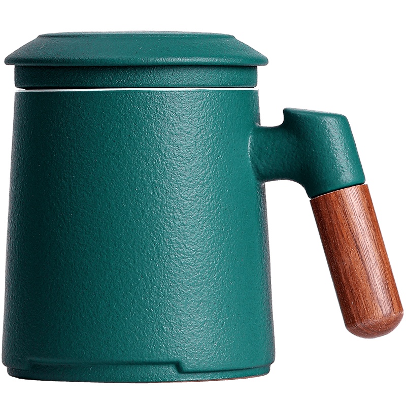 領藝 办公室带盖过滤泡茶杯大容量茶水分离杯杯子陶瓷 平凡马克杯(黛绿)