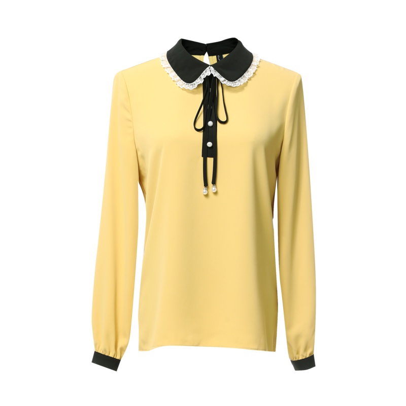 欧昵雪秋装撞色花边娃娃领系带修身衬衫女显瘦小衫上衣